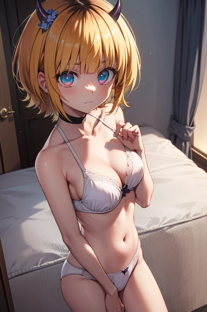 MEMcho, MEMcho, Blonde hair, Blue eyes, Blunt bangs, demon Horns, fake Horns, Horns, Short hair, BREAK bare shoulders, white ruffled bra,white ruffled panties,Bedroom,Full-body standing figure,BREAK 見る人を見て、 BREAK屋内で、 BREAK (masutepiece:1.2), Best Quality, High resolution, Unity 8k壁纸, (Illustration:0.8), (Beautiful detailed eyes:1.6), extra detailed face, Perfect Lighting, extremely details CG, (Perfect hands, Perfect Anatomy),