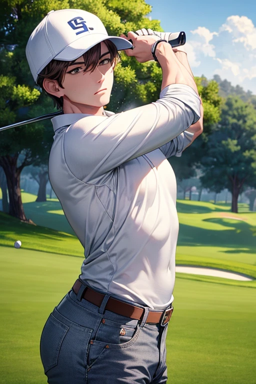 handsome man playing golf、golf course、Tee Shot、with short brown hair,、White cap、grey sweater、white pants long sleeves、View with your left wrist、denim pant、hight resolution、in 8K、foco nítido