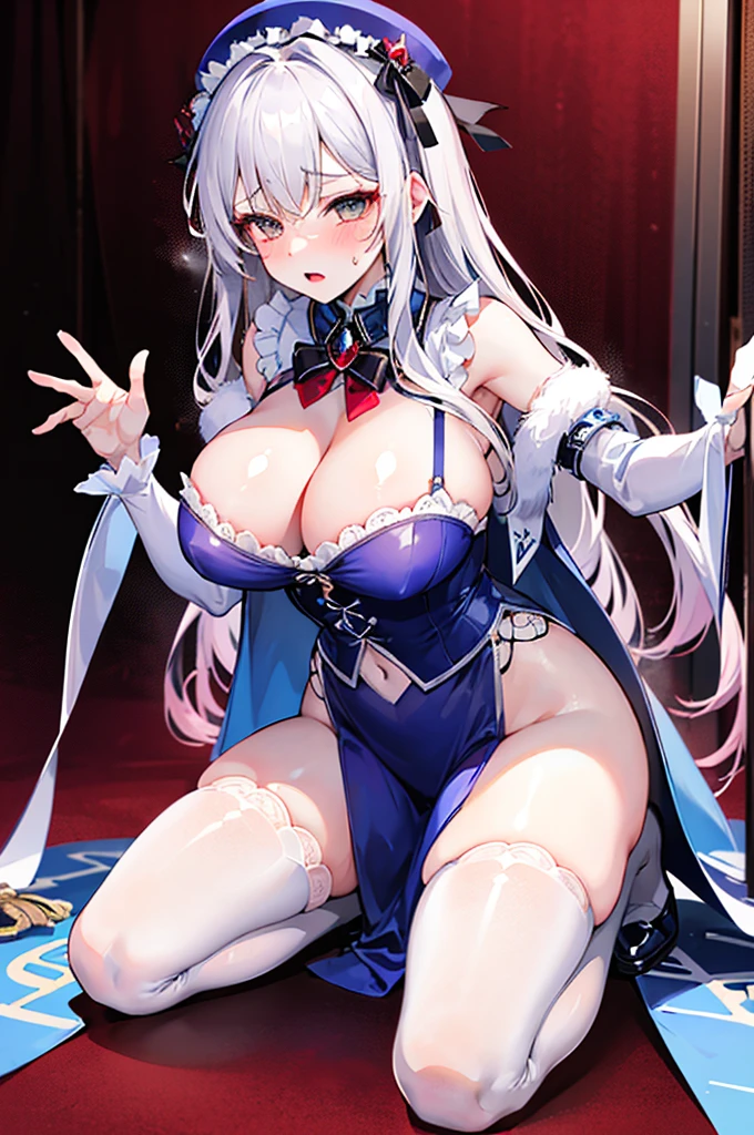 Perfect human body,1 girl, crimson princess,(very highly detailed background), Gorgeous ta dresow knot,semi transparent,(white stockings),((woman with fever)), ((perspiring,steamy,college aged))), Colossal tits,((The expression of color)), (Blushlush:1.2), Kneeling,