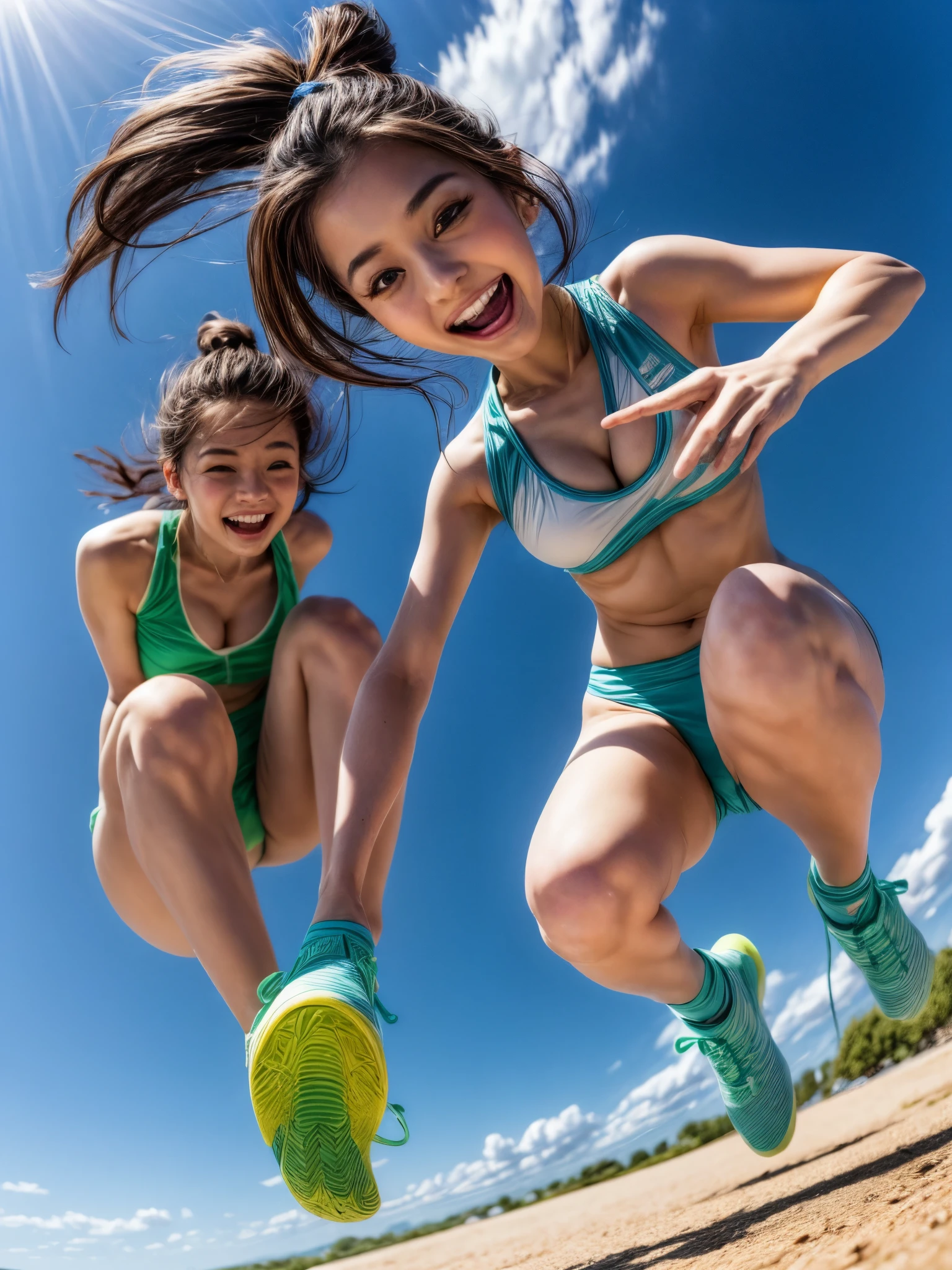 (best quality,4k,8k,highres,masterpiece:1.2),ultra-detailed,(realistic,photorealistic,photo-realistic:1.37),illustration,beautiful detailed eyes,beautiful detailed lips,extremely detailed face,physically-based rendering,studio lighting,vivid colors,longeyelashes,2 girls jumping kick,jumping in mid-air,flying hair,sportswear,energetic, outdoor scene, clear blue sky,green grass,cheerful expressions,intense action, youthful energy,high contrast colors,dynamic lighting,perfect timing,enthusiastic movement,active poses,excitement,artistic style.
