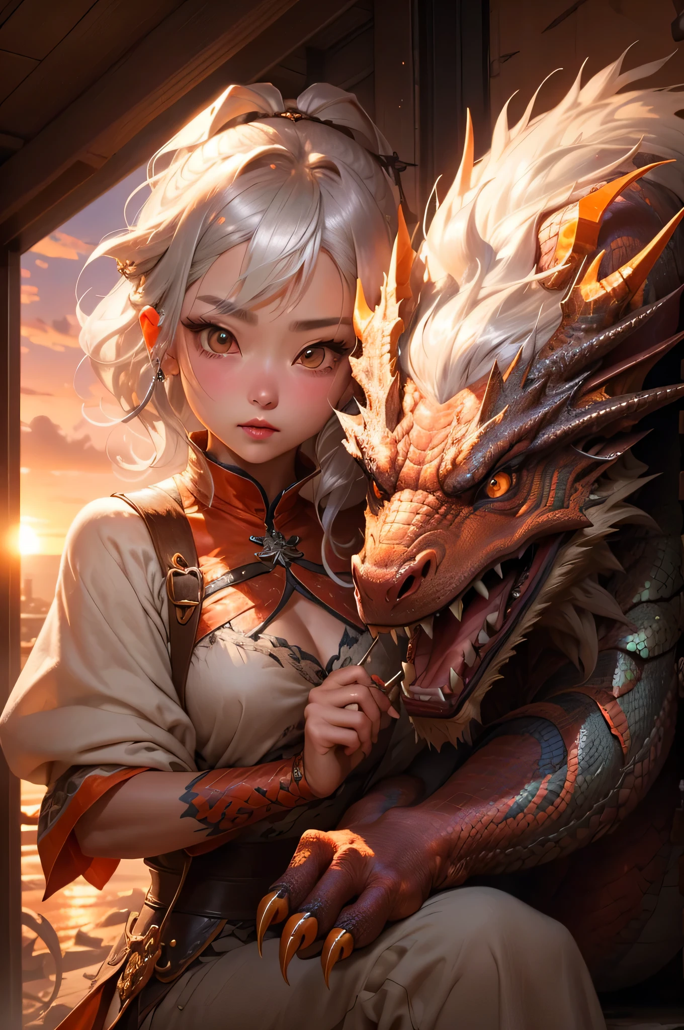 write、A woman who challenges a dragon to battle、Neat face、(Silvery hair)、(dark brown eyes:1.2),Terrible、ultra-detailliert、Brutalist influence、Dramatic shadows、luxuries、Orange sunset、