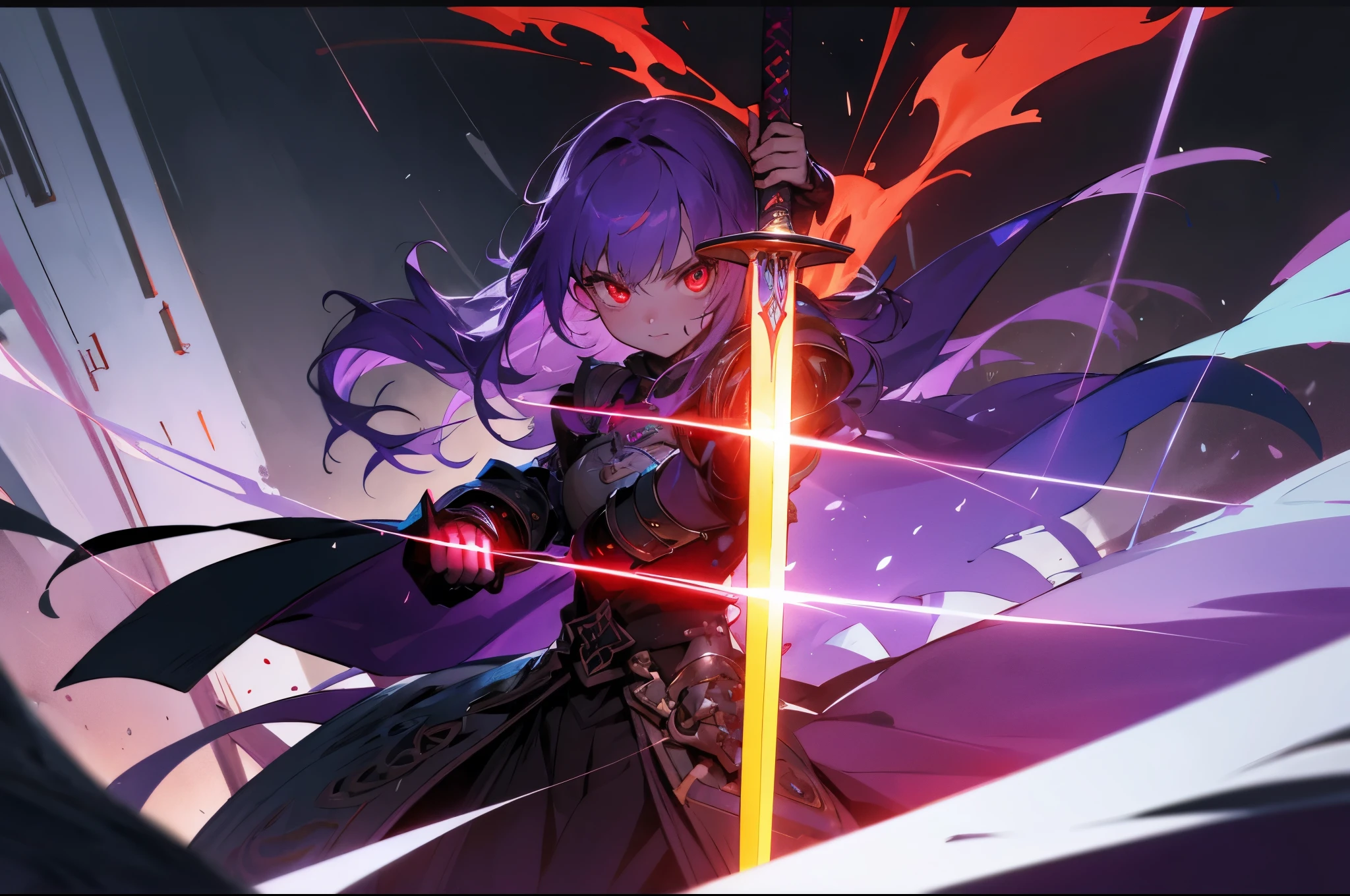 Fantastical,epic,Illustration in movie poster style,Purple colored hair,A girl stands on armor,wielding a sword,With dynamic and magical backgroundeaturing prominent and well-designed typographic elements,The stands up,Self-confident,Steadfast,wielding a sword,epic标题,an enchanted forest,Glowing runic ancient writing,Blood-red eyes,glowing light eyes,glowing light eyes,glowing light eyes,Dark Department