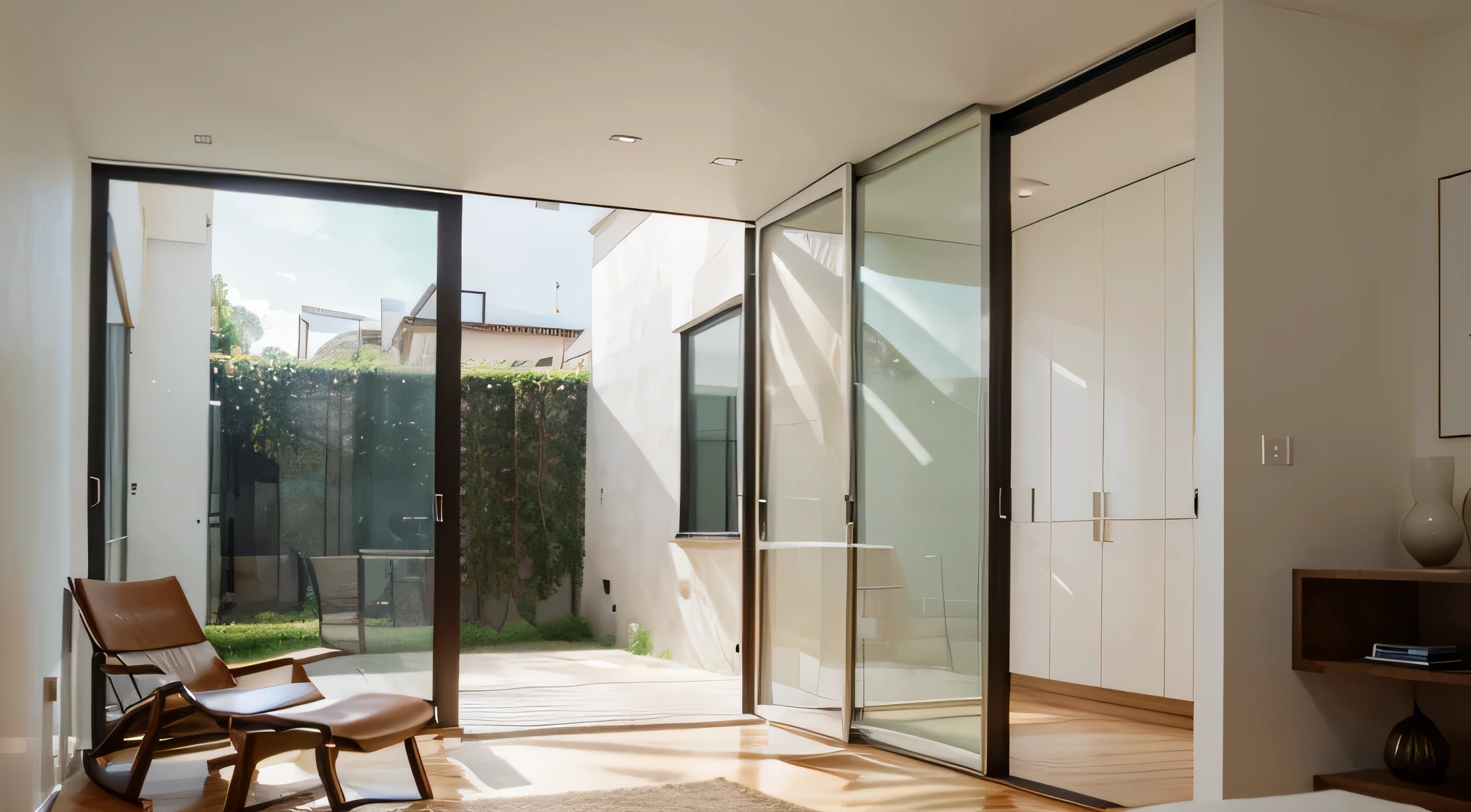 dream mansion, Decoraciones minimalistas, Grandes ventanas, Fotorealista, Arquitectonico, Naturaleza, Paredes blancas, Interior calido, Realismo, Detallado, 8k