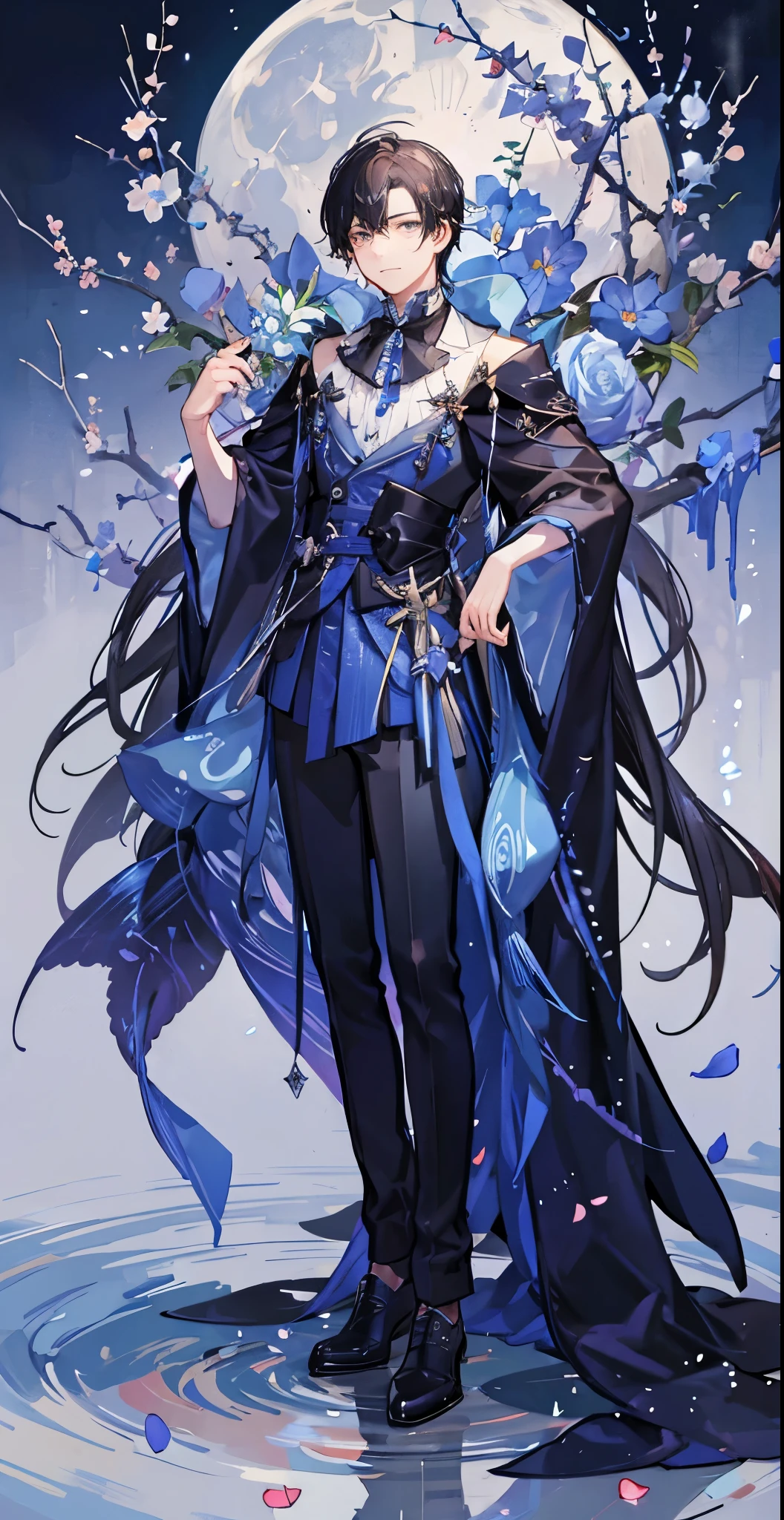 (masutepiece), (Best Quality), Highly detailed, (One Boy:1.4), full body photographed，Perfect face, Beautiful face, extra detailed face，A dark-haired，Mare，butterflys々，flower petals，optic，waterface，a moon，Fantasia，fanciful，mystical