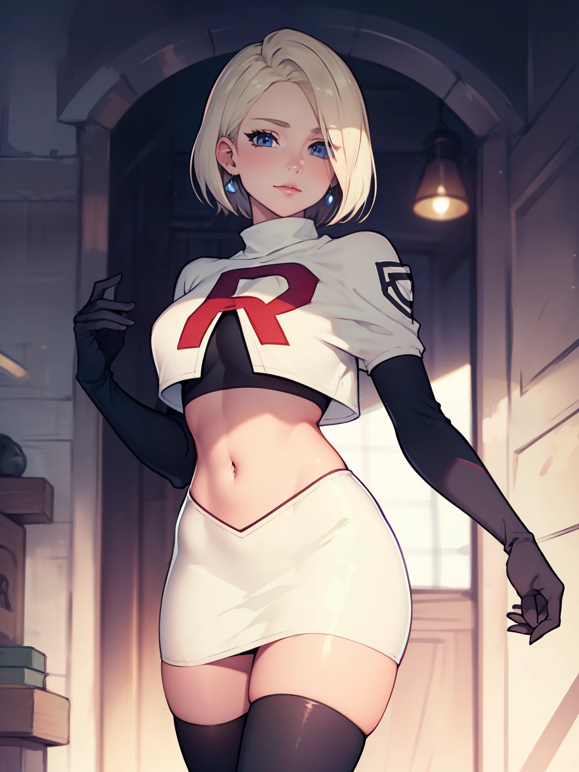 warMercedes, short hair ,glossy lips ,team rocket uniform, red letter R, white skirt,white crop top,black thigh-high boots, black elbow gloves, looking at viewer, cowboy shot
