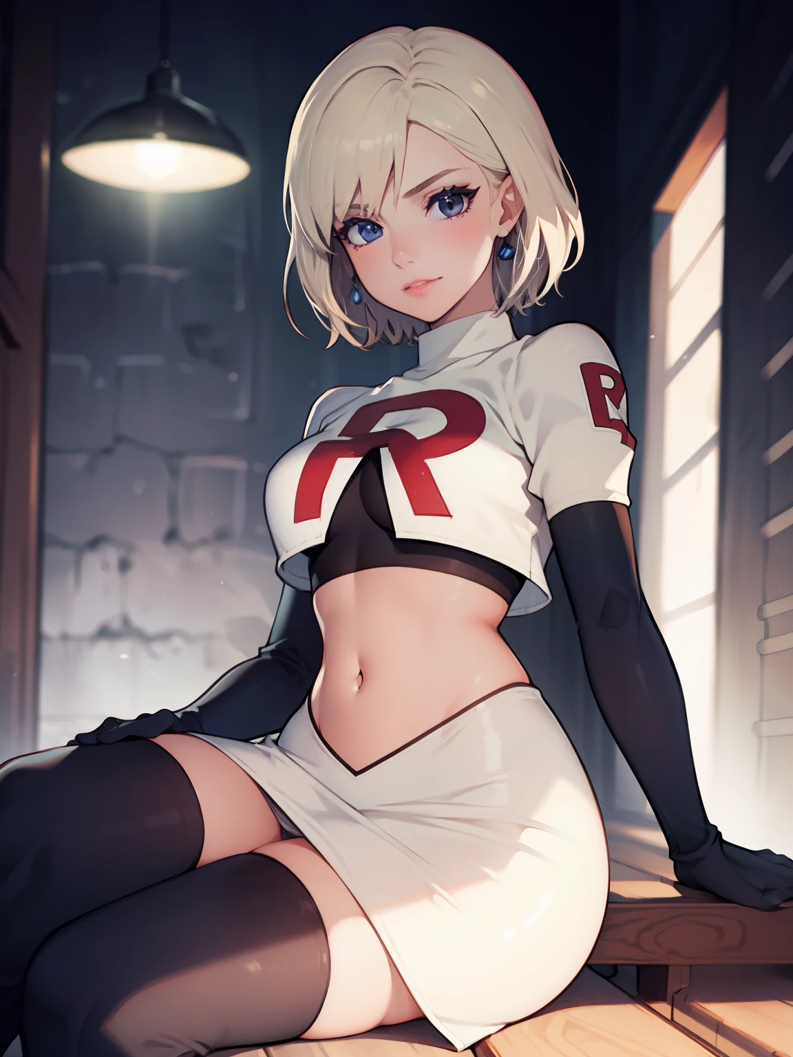warMercedes, short hair ,glossy lips ,team rocket uniform, red letter R, white skirt,white crop top,black thigh-high boots, black elbow gloves, looking at viewer, cowboy shot