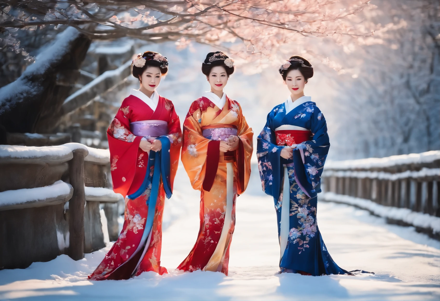 Three beautiful women wearing furisode are standing on a snowy road