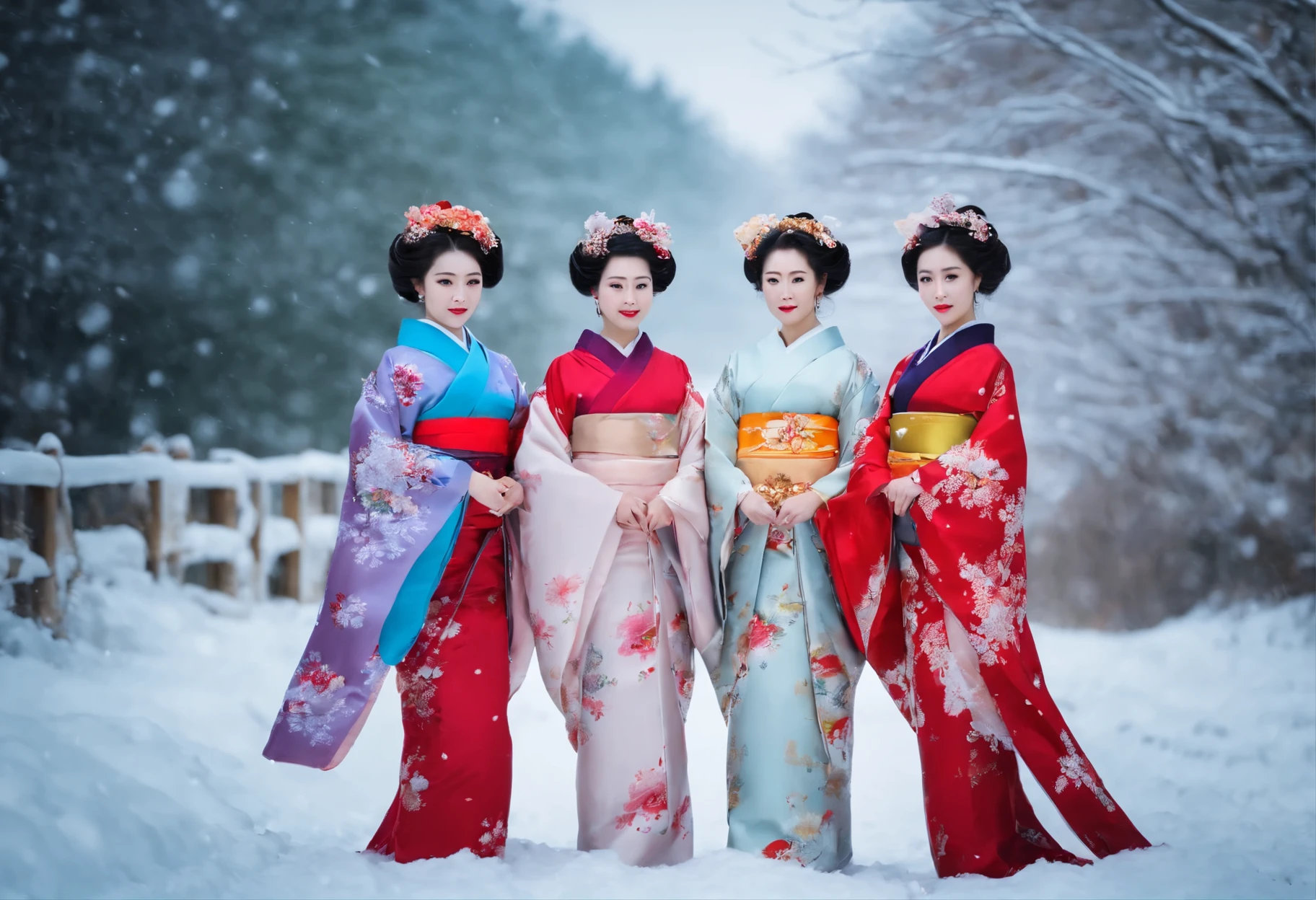 Three beautiful women wearing furisode are standing on a snowy road