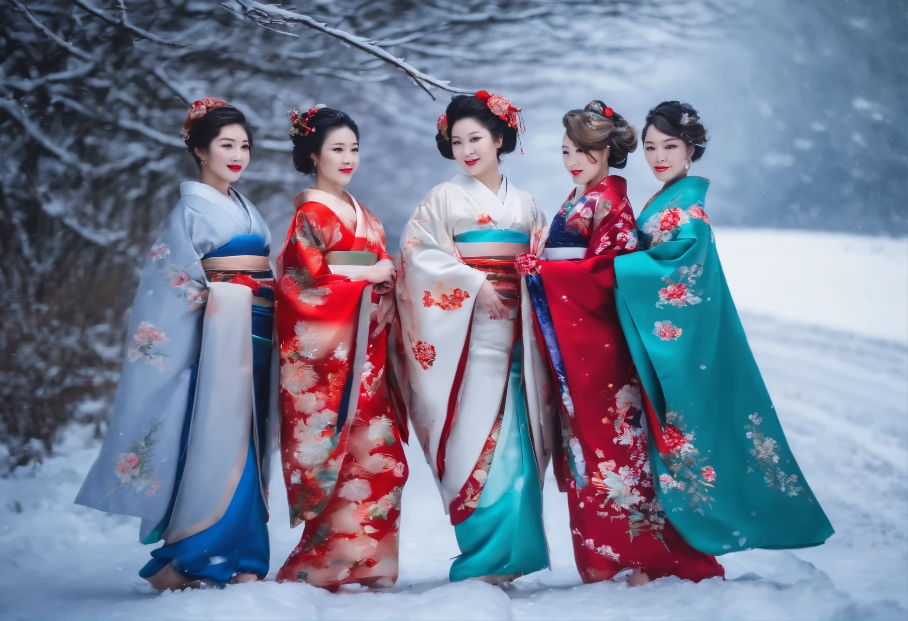 Three beautiful women wearing furisode are standing on a snowy road