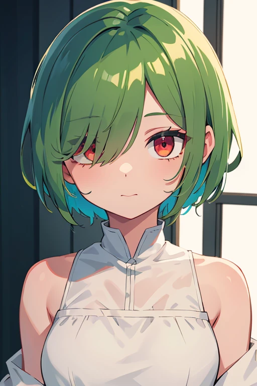 best_quality, 1girl, solo, bangs, colored skin, female focus, green hair, hair over one eye, multicolored skin, red eyes, short hair, white skin, white and green dress