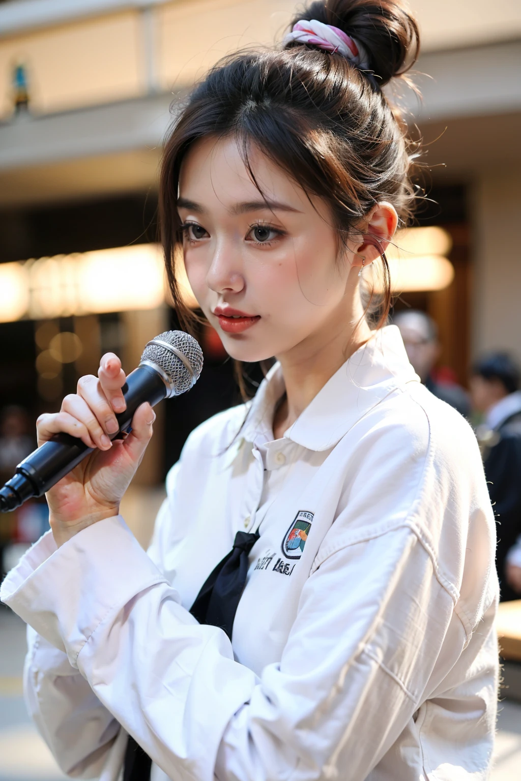 (((Best quality at best)), ((tmasterpiece)), (detailed), The background is the mall,natural classic face,Talking with microphone in hand,A girl records work nearby,long sleeve work uniform,Hair tied up