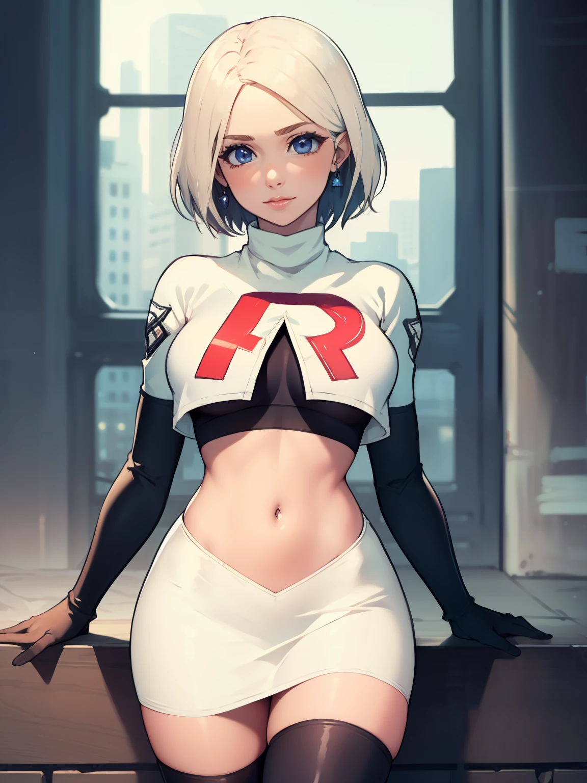 warMercedes, short hair ,glossy lips ,team rocket uniform, red letter R, white skirt,white crop top,black thigh-high boots, black elbow gloves, looking at viewer, cowboy shot