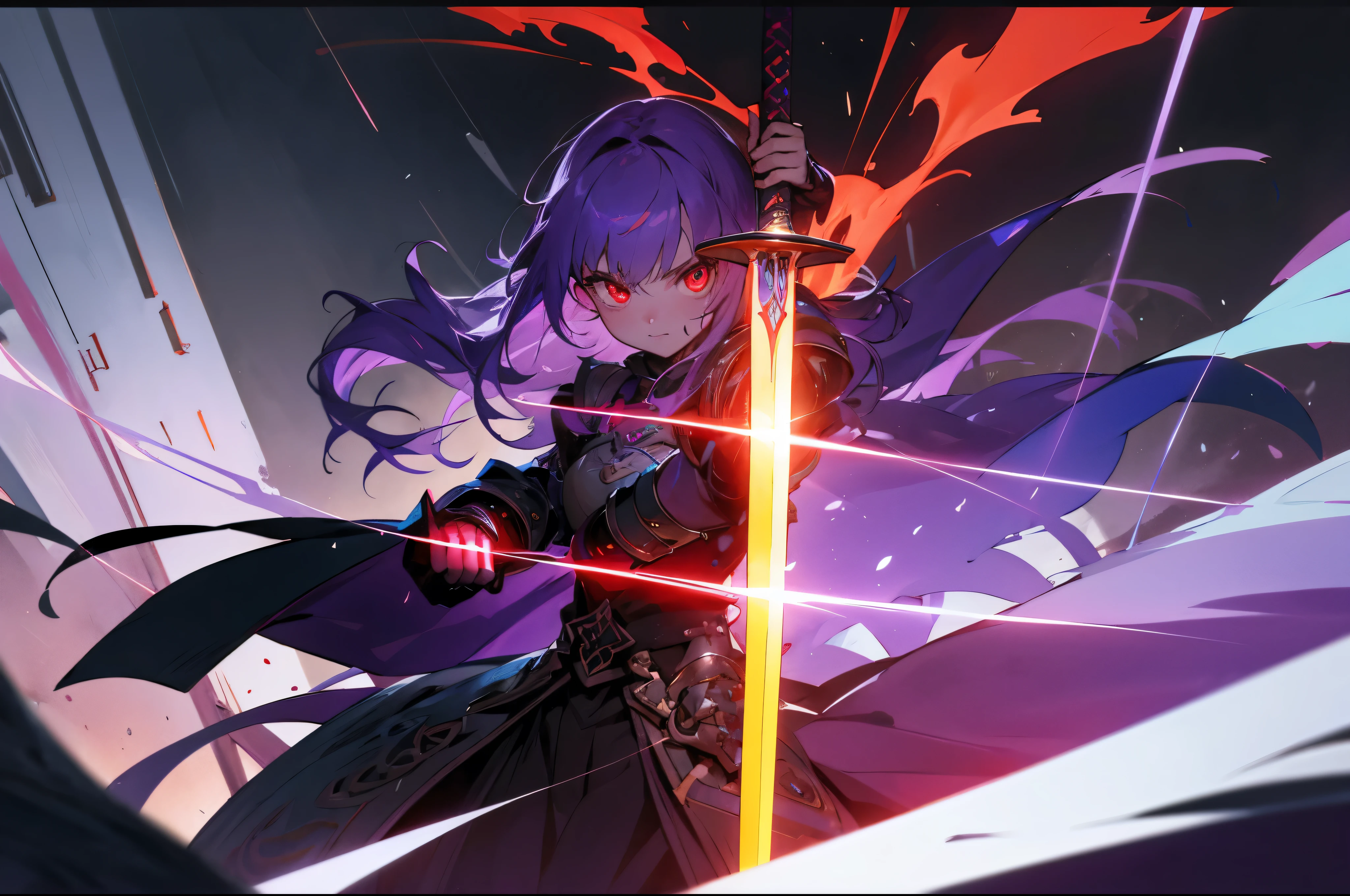 dream-like,epic,Illustration in movie poster style,Purple colored hair,A girl stands on armor,wielding a sword,With dynamic and magical backgrounds,Prominent and well-designed typographic elements,Stood up,self-assured,Steadfast,wielding a sword,epic标题,an enchanted forest,Glowing runes ancient writing,Blood-red eyes,glowing light eyes,glowing light eyes,glowing light eyes,Dark