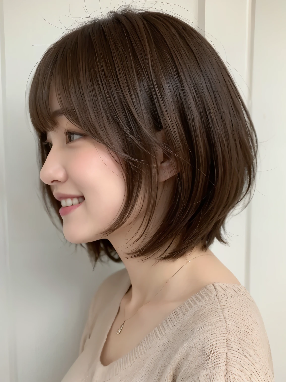 white walls、Taken in front of the white door、(窓のあるwhite wallsの部屋)、(8K、Raw photography、top-quality、masterpiece:1.2)、high-definition RAW color photography、professional photograpy、(realisitic、フォトrealisitic:1.37)、Shot in natural light、1girl in、A smile、(Poses variadas)、Crouch down、crouching down、BREAK (Ombre:1.3) 、Winter clothes、 Necklace、(Beautiful profile:1.3)、Don't look at the camera、profile、short-cut、((Brown hair)、short-hair、Eye color is dark brown、(Beautiful profile:1.3)、correct hand of human body、Depressed