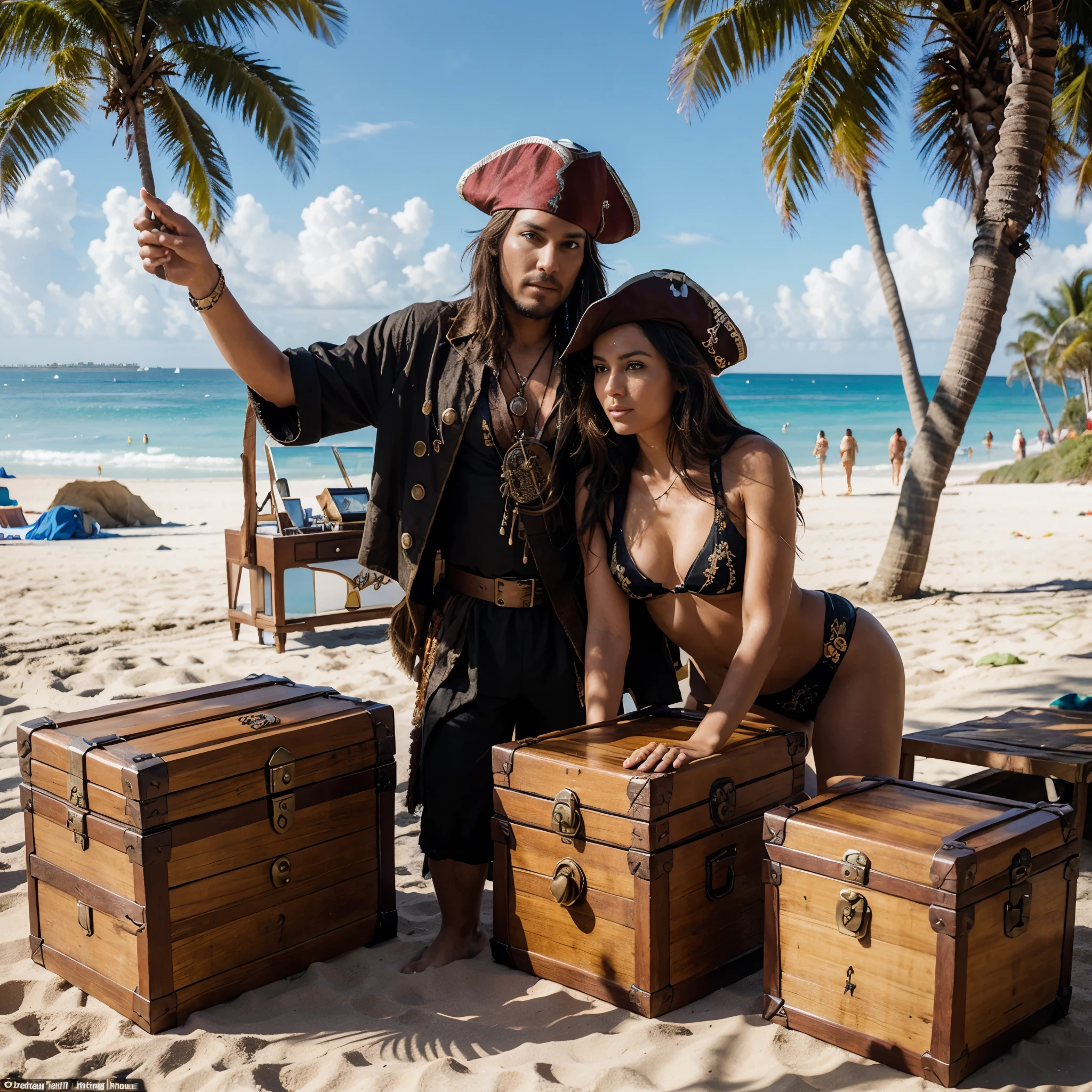 a man in pirate clothes opened a treasure chest, a woman is sitting in the chest, on the beach with palm trees