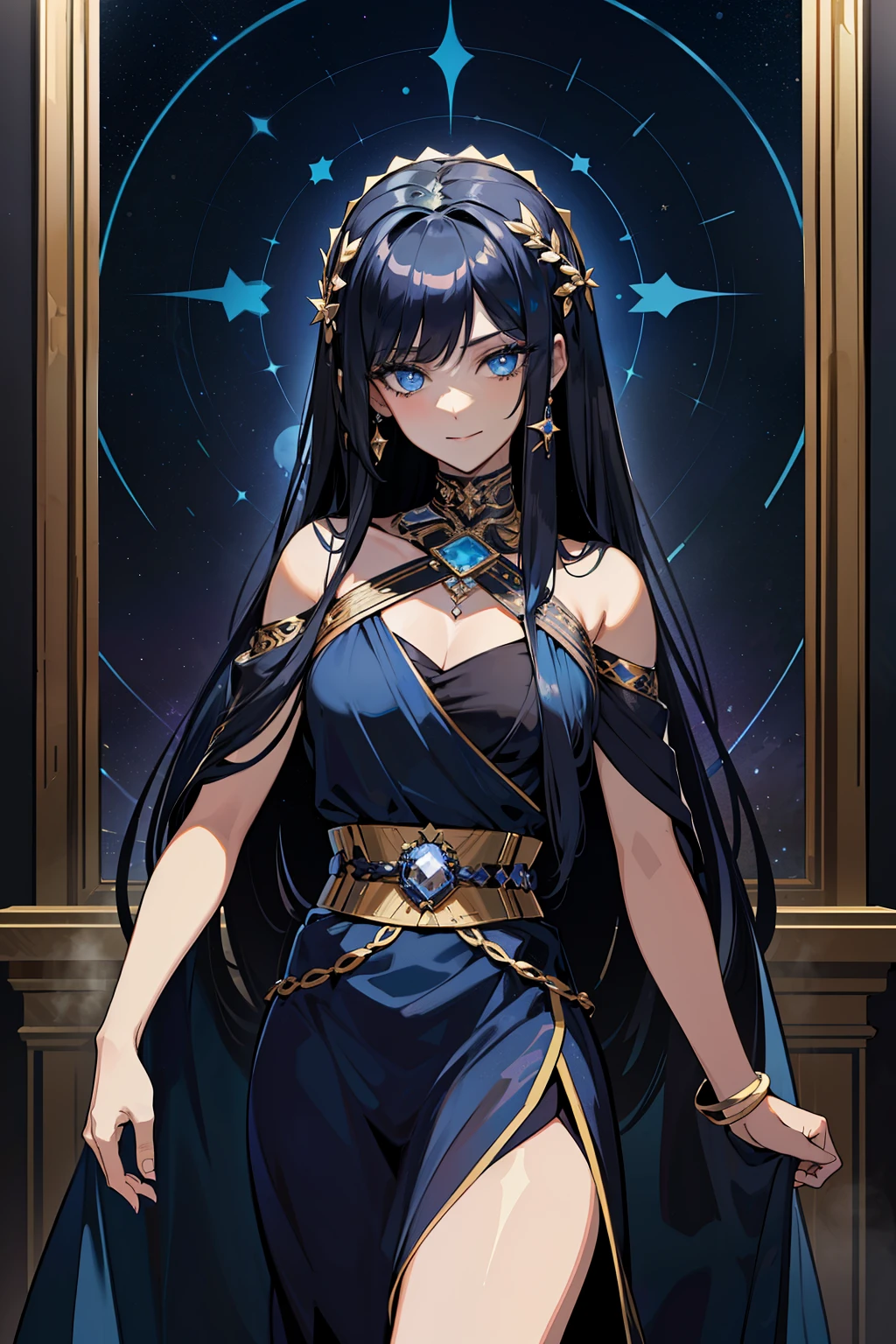 (high-quality, breathtaking),(expressive eyes, perfect face) 1girl, girl, solo, adult, dark black abyss hair with blue lightings, dark grey skin, constellations on skin, stars in hair, long black dress, sleeveless, armband on left arm, dark blue coloured eyes, stylised hair, gentle smile, long length hair, loose hair, side bangs, soft wavey hair, looking at viewer, portrait, ancient greek clothes, blue black and tunic, greek, blue and black sash, darkness inspired background, related to Nyx, elegent, regal, beautiful, a shaul of darkness decorated with stars, Greek Myth, soft make up, cosmos, starlight, goddess of the night