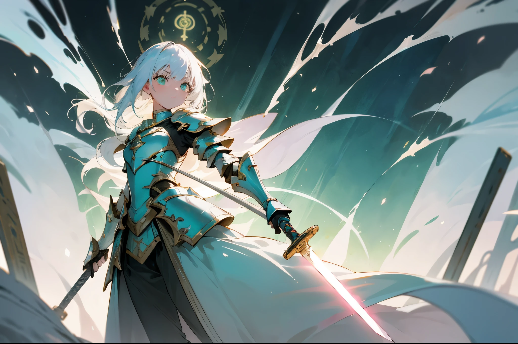 Fantastical,epic,Illustration in movie poster style,white color hair,A girl stands on armor,wielding a sword,With dynamic and magical backgroundeaturing prominent and well-designed typographic elements,The stands up,Self-confident,Steadfast,wielding a sword,epic标题,an enchanted forest,Glowing runic ancient writing,Green eyes,glowing light eyes,glowing light eyes,glowing light eyes,Dark Department,White gold armor,Zodiac signs,incredulous