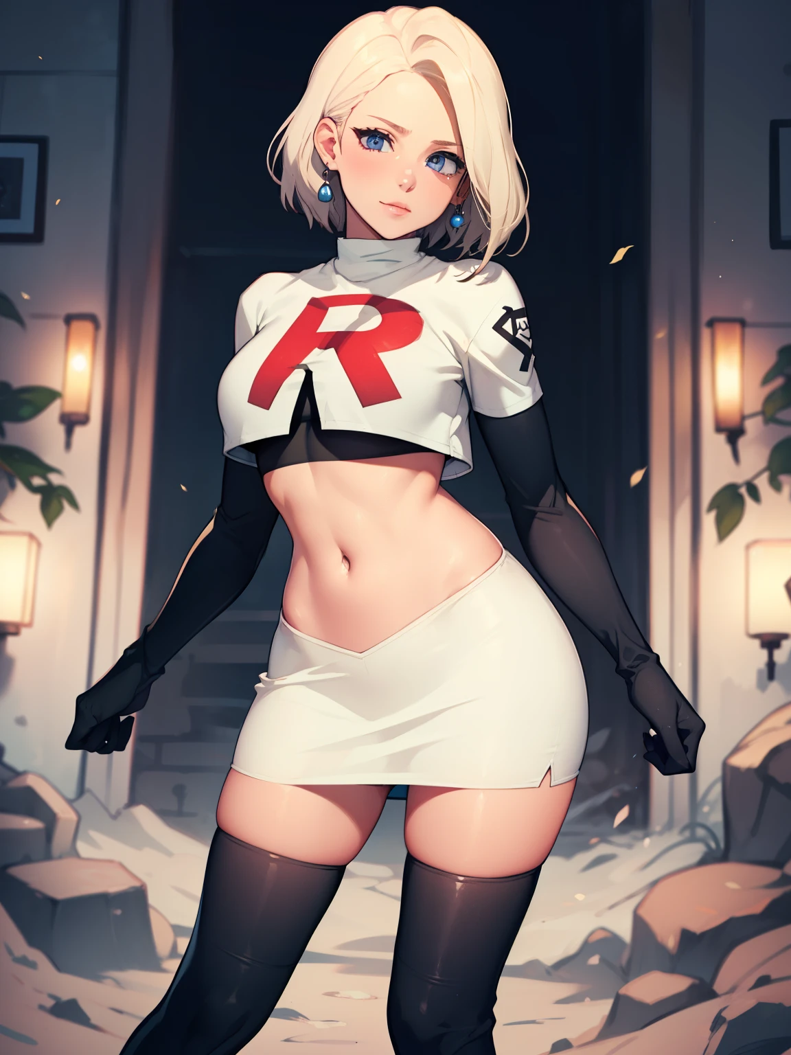 warMercedes, short hair ,glossy lips ,team rocket uniform, red letter R, white skirt,white crop top,black thigh-high boots, black elbow gloves, looking at viewer, cowboy shot