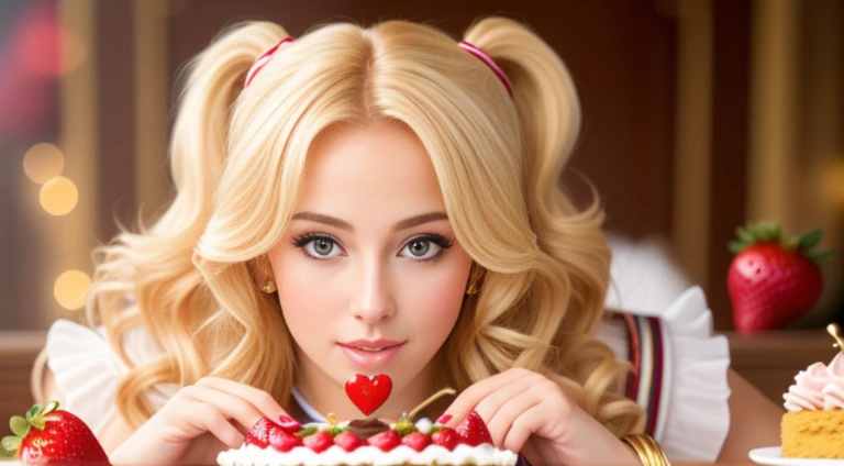 (best quality,4k,8k,high res,masterpiece:1.2),ultra-detailed, photorealistic, flaxen blonde hair,long hair, Mature and beautiful, realistic depiction:1.2 Sailor Moon eating chocolate strawberry cake