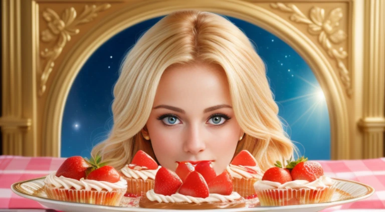 (best quality,4k,8k,high res,masterpiece:1.2),ultra-detailed, photorealistic, flaxen blonde hair,long hair, Mature and beautiful, realistic depiction:1.2 Sailor Moon eating chocolate strawberry cake