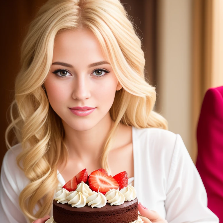 (best quality,4k,8k,high res,masterpiece:1.2),ultra-detailed, photorealistic, flaxen blonde hair,long hair, Mature and beautiful, realistic depiction:1.2 Sailor Moon eating chocolate strawberry cake