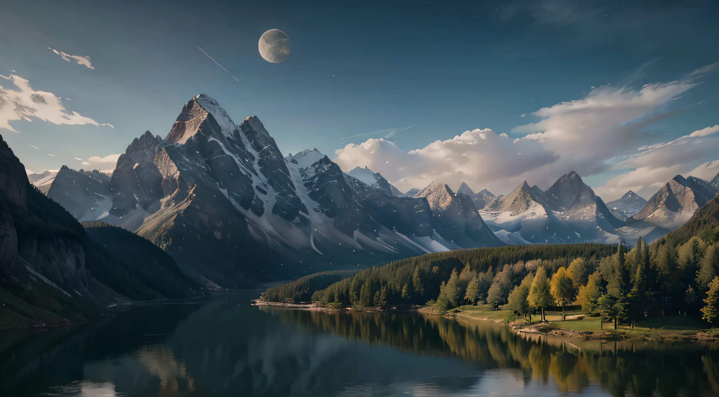 mountains and a lake with a moon in the sky, Arte digital 4K altamente detallado, 4 K HD fondo de pantalla muy detallado, impressive fantasy landscape, sci-fi fantasy desktop wallpaper, Fondo de pantalla de Unreal Engine 4K, Arte digital detallado 4K, sci-fi fantasy wallpaper, epic dreamlike fantasy landscape, pintura digital mate 4K HD, 8K impresionantes obras de arte