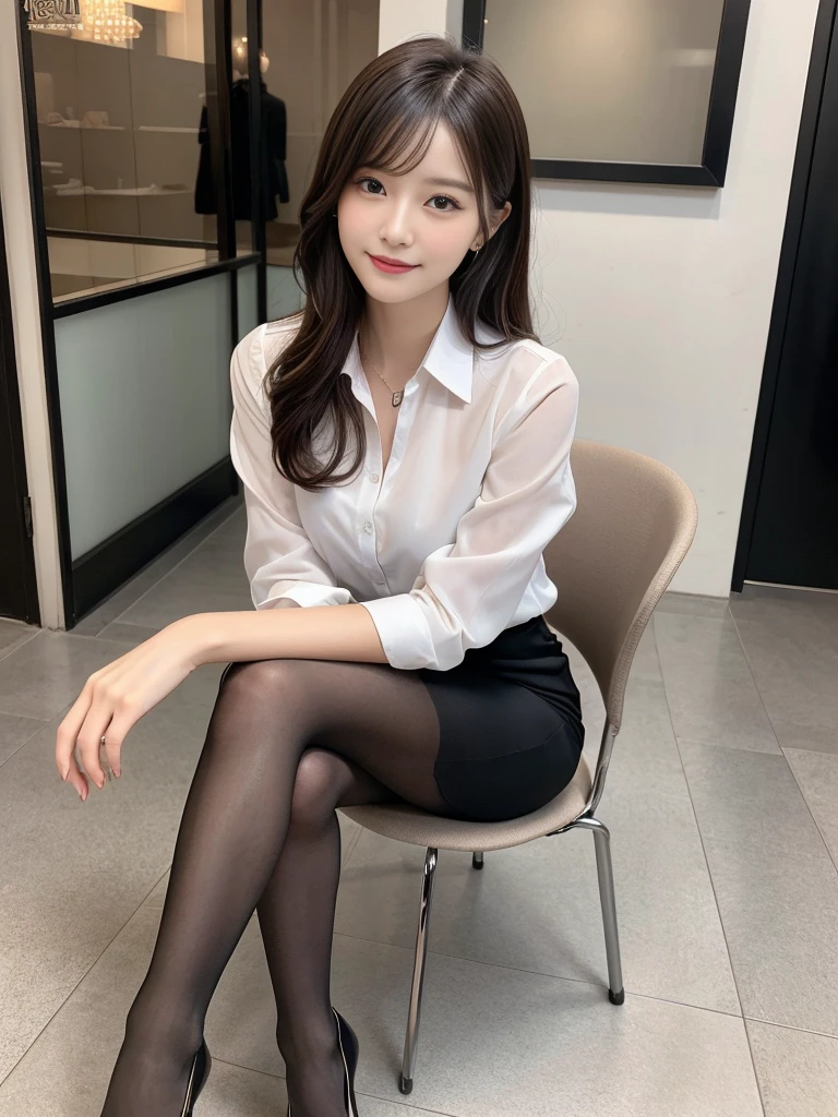 (Realistic, photo-Realistic:1.37), (masutepiece), (Best Quality:1.4), (超A high resolution:1.2),(Raw photo:1.2), 1girl in、femele、Wavy black hair、shorth hair、bluntbangs、Best Quality, Full body portrait, Delicate face, Pretty Face, slim figure, Office Lady Uniform,Office Clothes, ultradetailBusiness suits,black pantyhose, cabelos preto e longos,adolable,ssmile,Long legs,sit pose,sit a chair,cross your legs correctly,high-heels,Ultra Detailed feet,Ultra detailed hands,Beautiful hands,Beautiful feet,accurate hands,Precise feet,