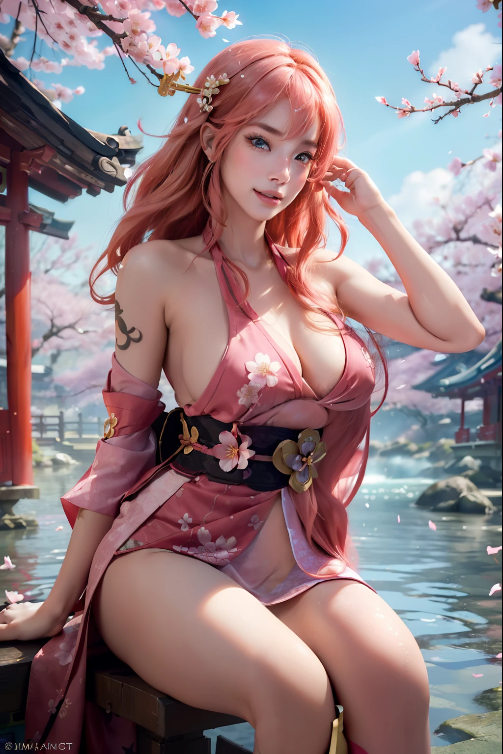 Masterpiece, (photorealistic:1.5), best quality, beautiful lighting, real life, nami \(one piece\), 1girl, architecture, cherry blossoms, east asian architecture, falling petals, gold, japanese clothes, kimono, log pose, long pink hair, looking at viewer, smile, pink hair, petals, shoulder tattoo, solo, tattoo, teeth, intricate, high detail, sharp focus, dramatic, beautiful girl , (RAW photo, 8k uhd, film grain), caustics, subsurface scattering, reflections, realistic elsa, riding a bike with bikini, 8k resolution, (best quality: 1.1), (anatomically correct: 1.1), (perfect hand: 1.1 ), ( (Facial Detail: 1.3)), (Skin Detail), (Perfect Eyes), (Perfect Nose), short red hair, (perfect hand fingers),