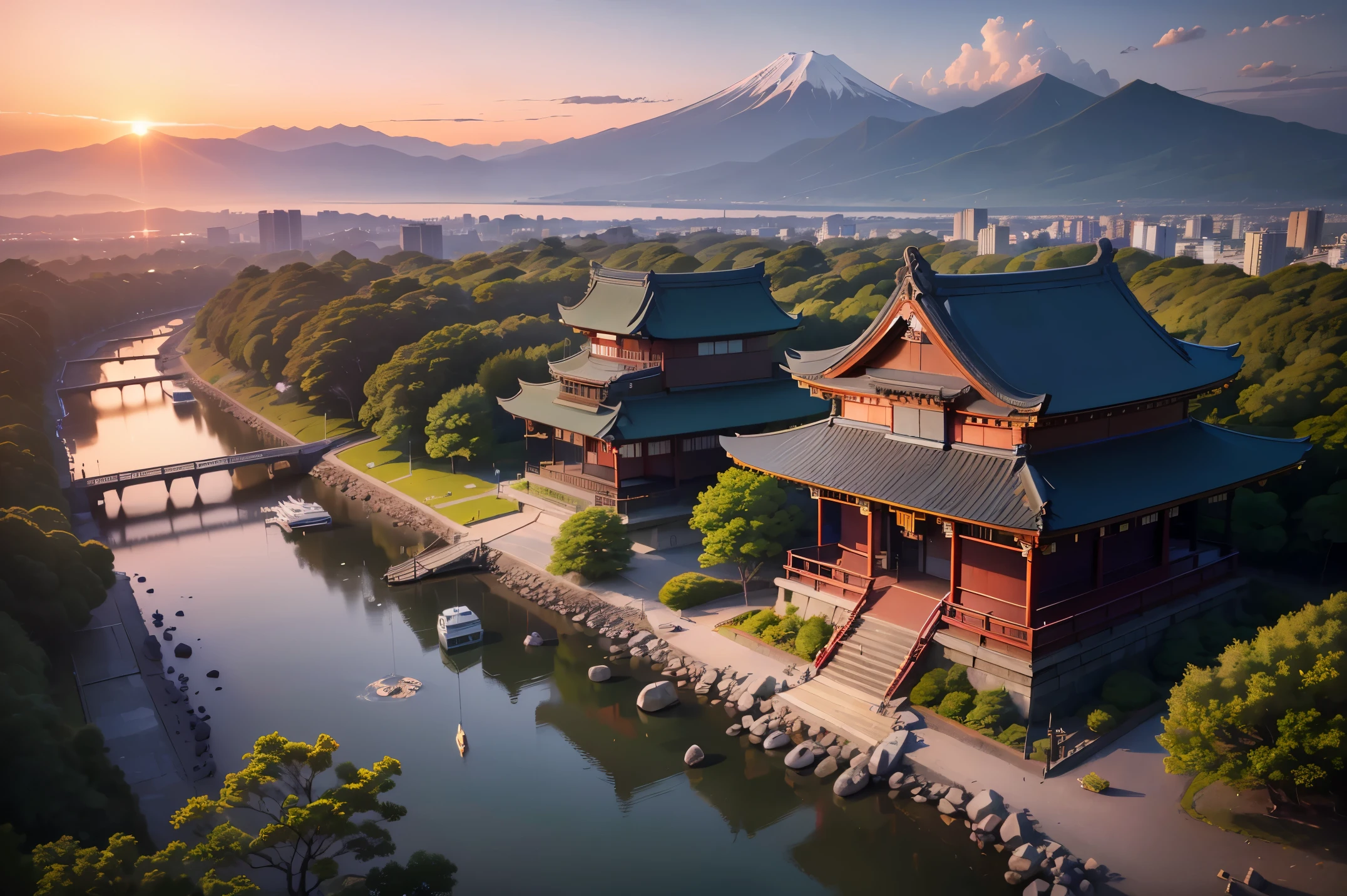 ((masterpiece, best quality, ultra detailed, very fine 8KCG wallpapers, absurdres, highres, high resolution)), landscape painting, yokohama city, fuji mountain and yokohama bay in the distance, iseyama kotai shrine, first sunrise, sunrise sky, torii, shrine, people wearing beautiful kimonos in the shrine grounds, go to shrine for new year visit,