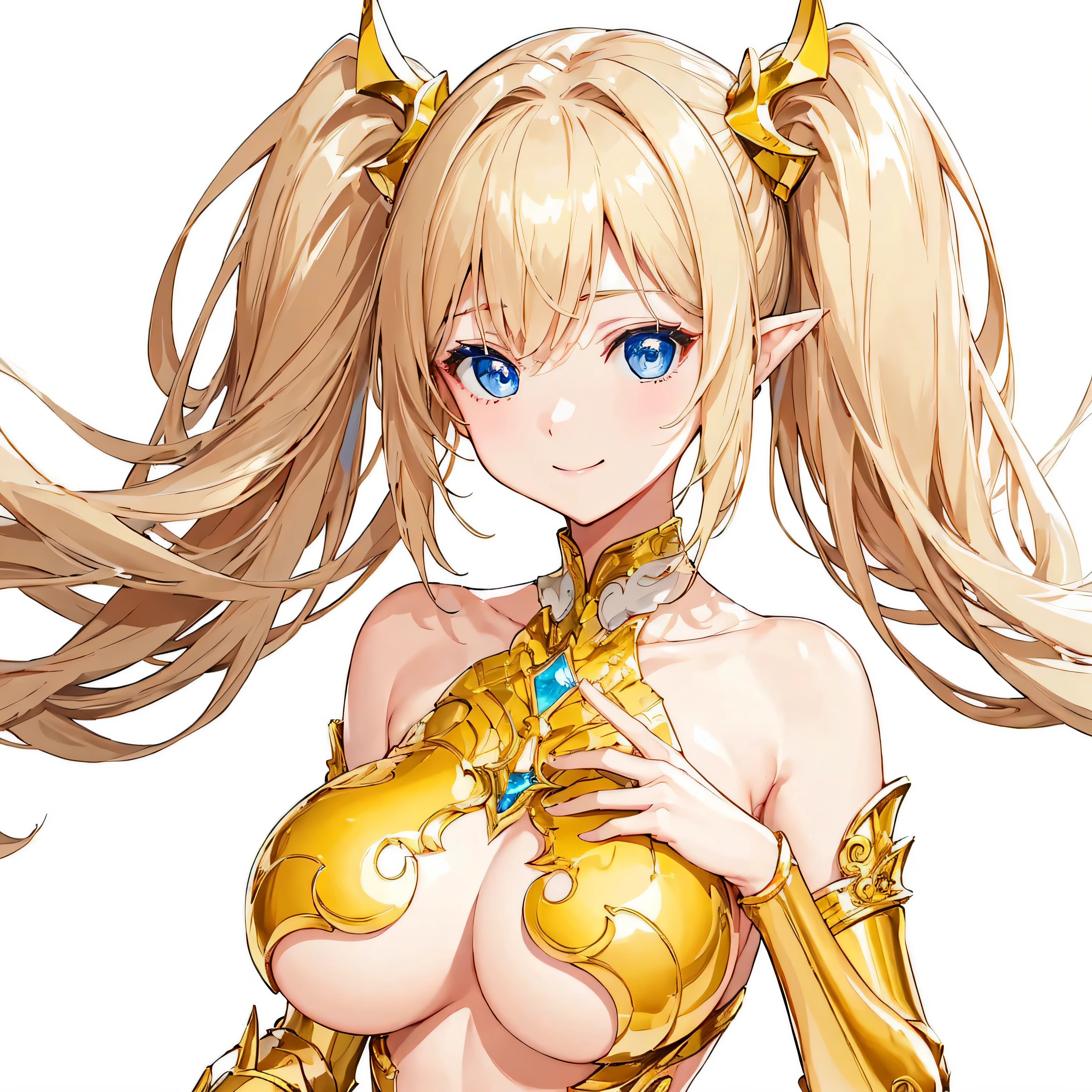 masterpiece、top-quality、ighly detailed、hight resolution、16k、fullnude、teats、Teetoob proportions、elvishの女の子、golden armour、Very thin skirt、Black pants、Very white skin、Beautiful fingers、Anime girl with very big breasts posing naked、Perfect Style、elvish、no-bra、Blonde blue-eyed、A smile、slim the contours