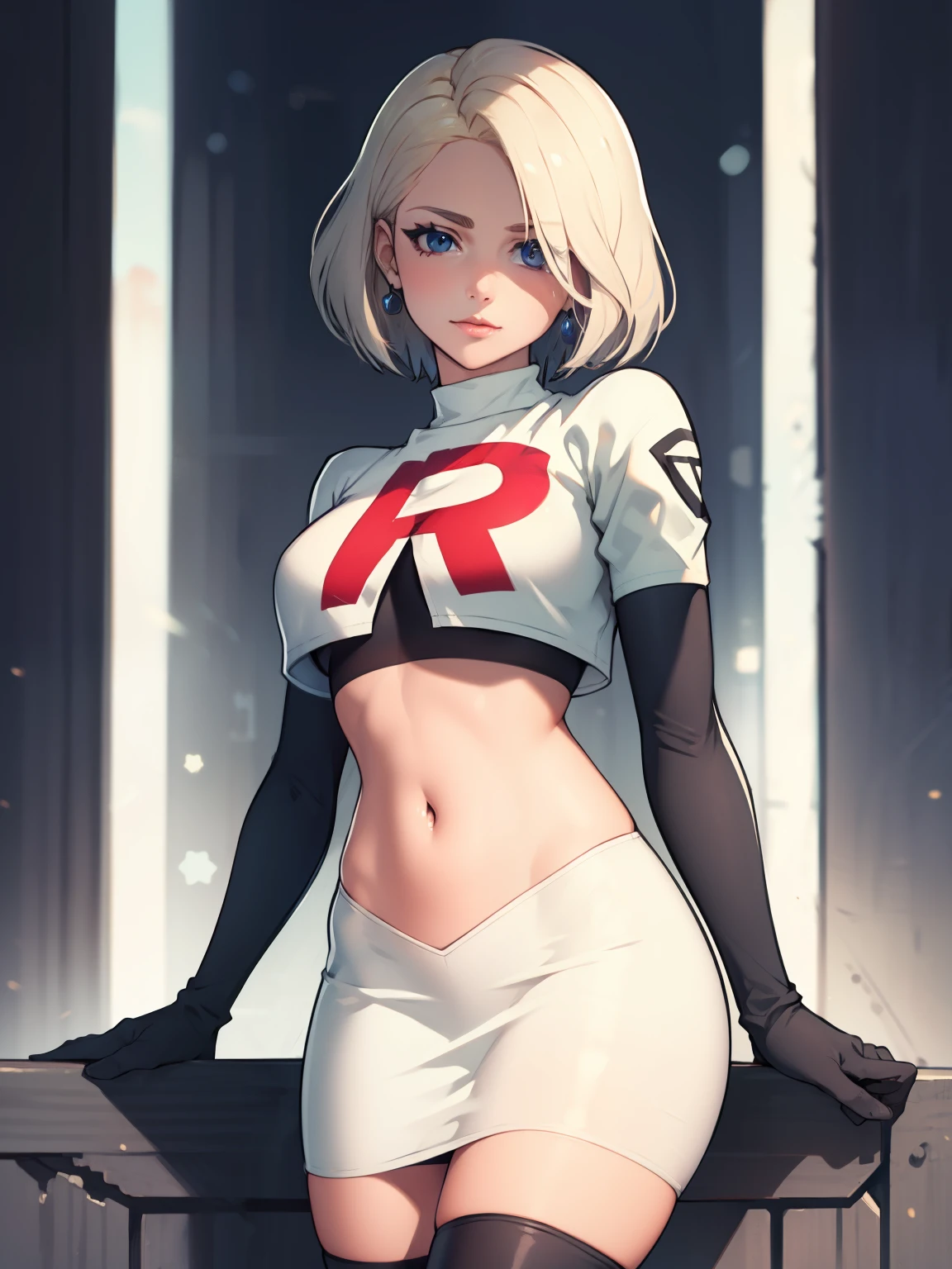 warMercedes, short hair ,glossy lips ,team rocket uniform, red letter R, white skirt,white crop top,black thigh-high boots, black elbow gloves, looking at viewer, cowboy shot