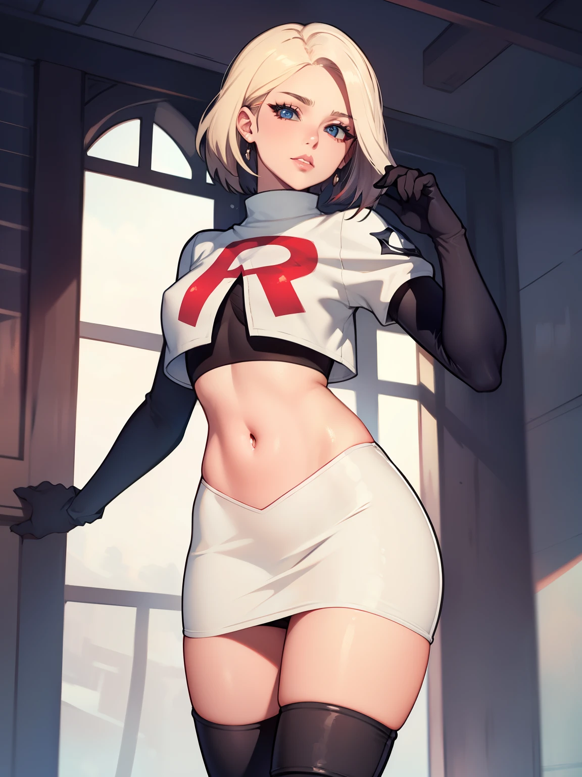 warMercedes, short hair ,glossy lips ,team rocket uniform, red letter R, white skirt,white crop top,black thigh-high boots, black elbow gloves, looking at viewer, cowboy shot