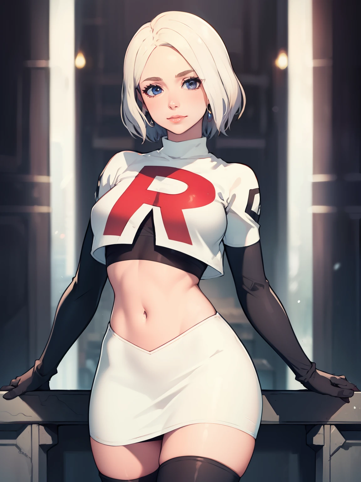 warMercedes, short hair ,glossy lips ,team rocket uniform, red letter R, white skirt,white crop top,black thigh-high boots, black elbow gloves, looking at viewer, cowboy shot