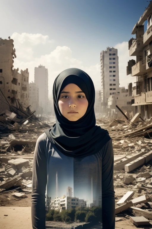 a praying girl, wearing hijab, city in ruins, destroyed city of Gaza, double exposure