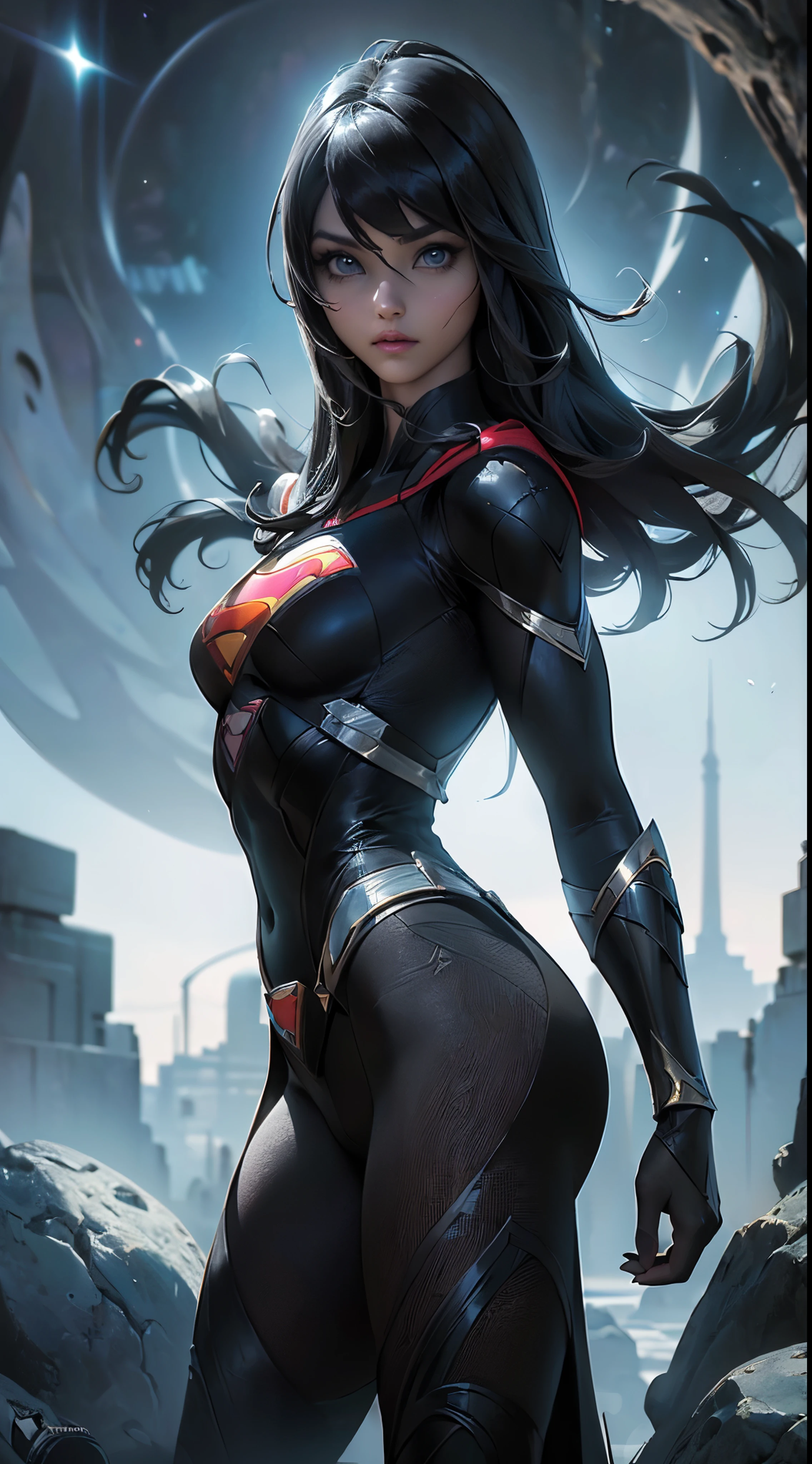 (La mejor calidad,A high resolution,Ultra - detallado,actual) ,primer plano Ariana Grande super girl de cuero ?????, top amarillo, cabello largo white canoso,  (alien invasion background extraterrestrial ships:1.4), (hermosos ojos azuleondo piedras grandes ?????:1.4) , (pose vaquero ), (realistic) ,Arte detallado de alta calidad 8K, Fanart Mejor ArtStation, Fantasy art style , (ciborg white:1.4), (ciudad apocalyptic colors ciberpunk:1.4) , (Super man Super girl negro:1.4) , (capa larga transparente de super man negro:1.4)