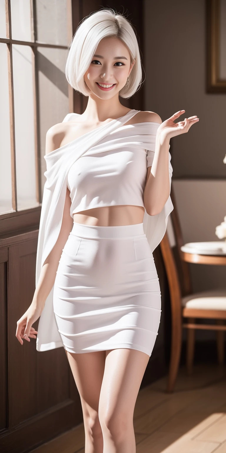 full-body close-up, create an elegant atmosphere), white short skirt, white hair shawl, graceful flowing, elegant movements, lustful smirking smile expression (red blush), floating in the air, (1girl), slim figure)