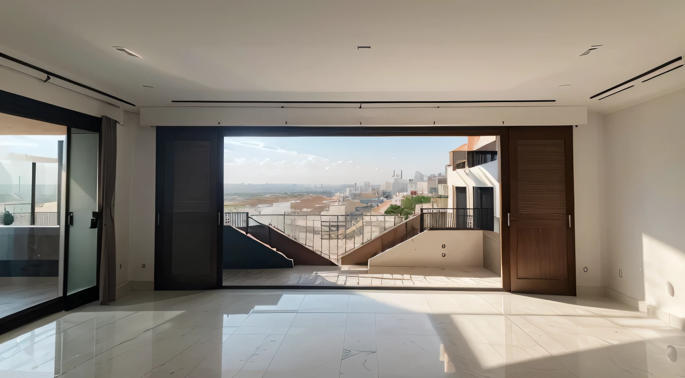Interior grande, Minimalista, 8k, Arquitectonico, Interior Frio, Realista, Mansion, Ventana vista ciudad, Ventanas enormes con marco negro