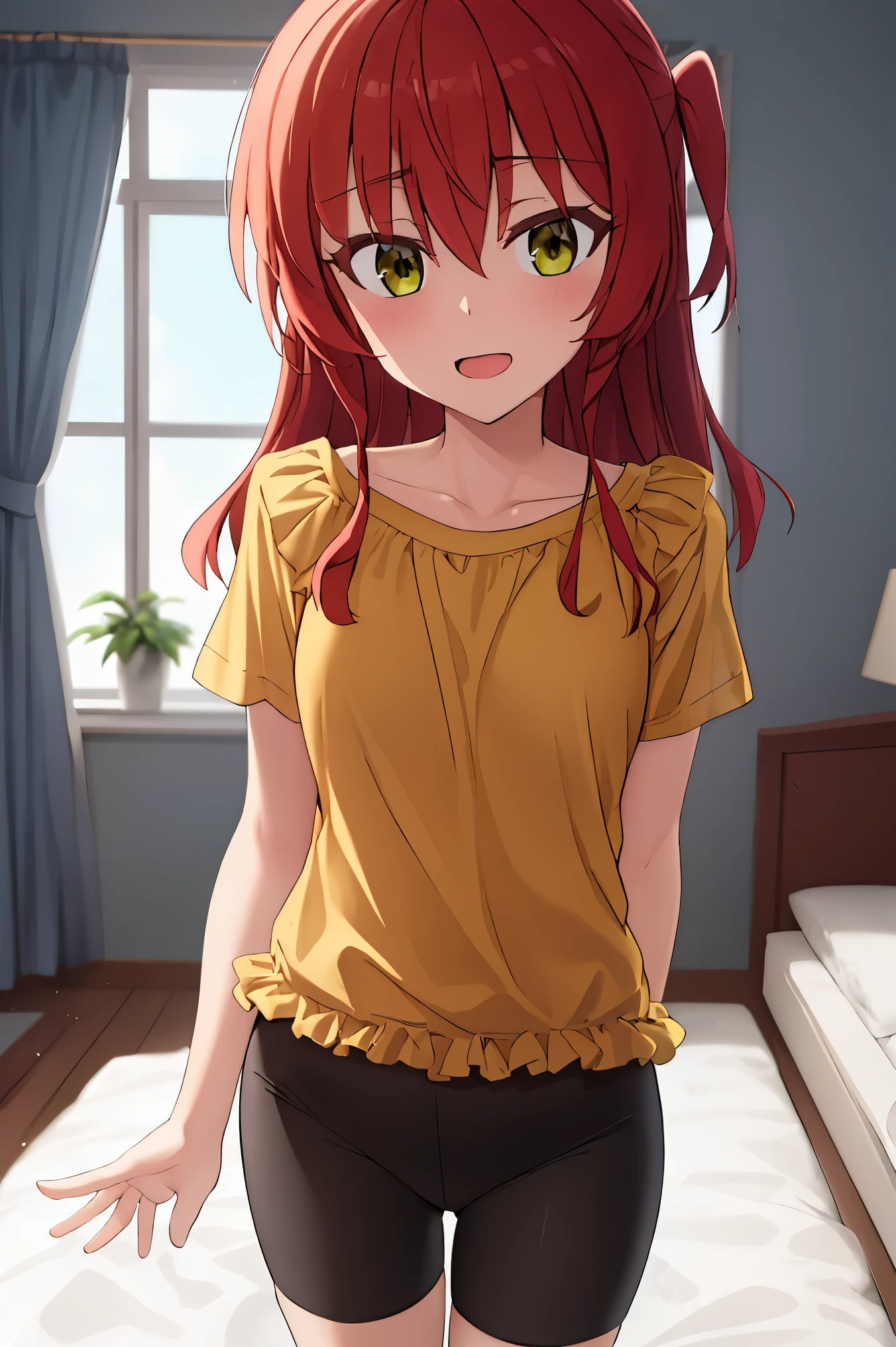 1 girl, best quality, ultra high res, long hair, red hair, green eyes, looking at viewers, small breast, standing, pov, slim body, loli body, small body, smile, open mouth, yellow shirt, short sleeves, bike shorts, bedroom, white bed sheets,