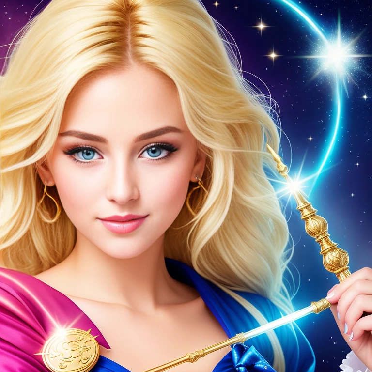(best quality,8k,1750HD resolution),Mature and realistic depiction:1.2,Sailor Moon confidently wielding the Moon wand,flowing blonde hair,trendy 2000s fashion,beautiful detailed eyes,detailed lips,extremely detailed eyes and face,long eyelashes,vivid colors,textured fabric,portraits,radiant light,captivating dynamic pose,sparking magical effects