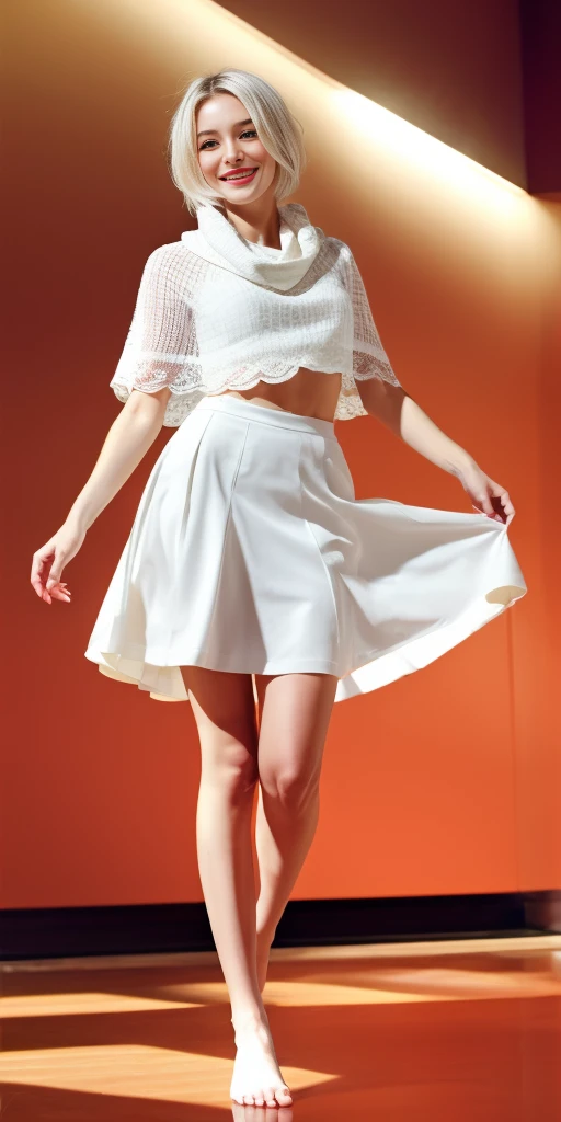 full-body close-up, create an elegant atmosphere), white short skirt, white hair shawl, graceful flowing, elegant movements, lustful smirking smile expression (red blush), floating in the air, (1girl), slim figure)