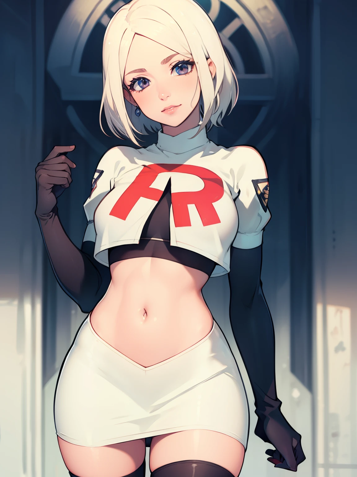 warMercedes, short hair ,glossy lips ,team rocket uniform, red letter R, white skirt,white crop top,black thigh-high boots, black elbow gloves, looking at viewer, cowboy shot