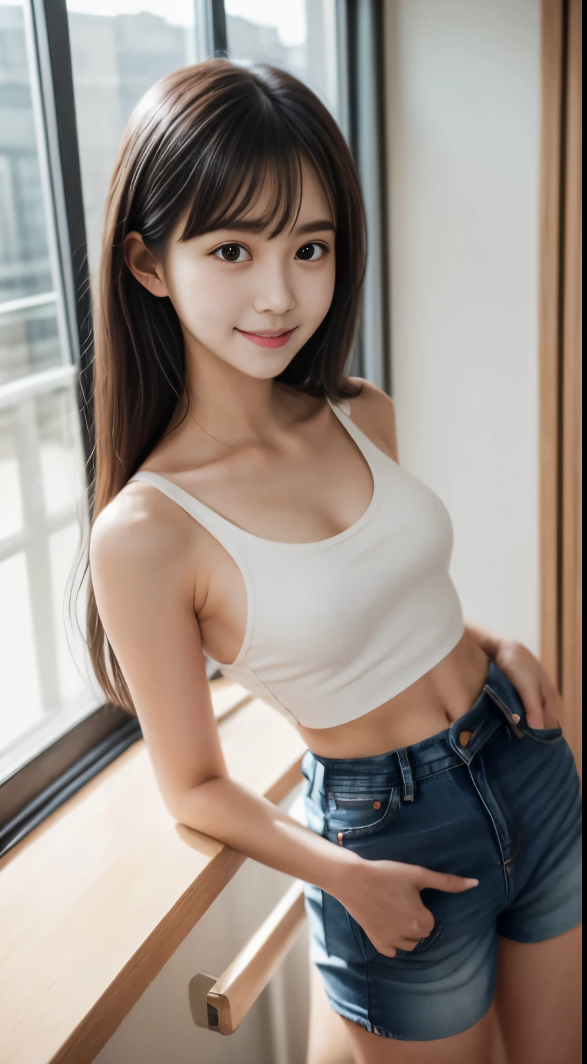 masutepiece, Best Quality, 8K, 20yr old, , Raw photo, absurderes, award winning portrait, Smile, Solo, Idol face, Delicate girl, Upper body, Digital SLR, Looking at Viewer, Candid, Sophisticated, Thin arms, Professional Lighting, Film grain, chromatic abberation, (Eyes and faces with detailed:1.0), (Bokeh:1.1) , Dirty room , closes mouth , (Dirty white tank top、Jeans shorts:1.2) , A dark-haired ,