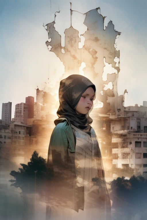 a praying girl, wearing hijab, city in ruins, destroyed city of Gaza, double exposure