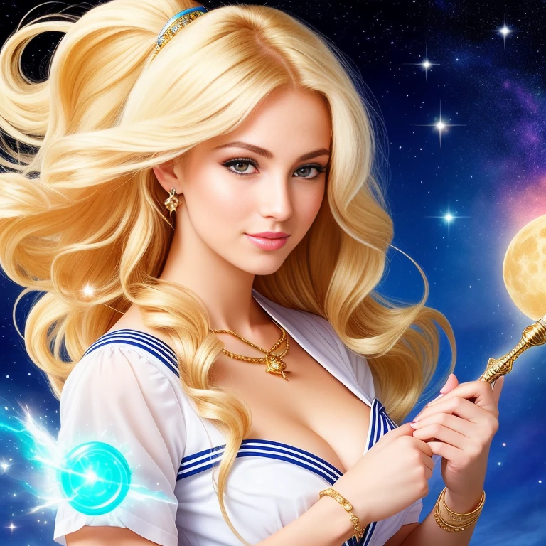 (best quality,8k,1750HD resolution),Mature and realistic depiction:1.2,Sailor Moon confidently wielding the Moon wand,flowing blonde hair,trendy 2000s fashion,beautiful detailed eyes,detailed lips,extremely detailed eyes and face,long eyelashes,vivid colors,textured fabric,portraits,radiant light,captivating dynamic pose,sparking magical effects