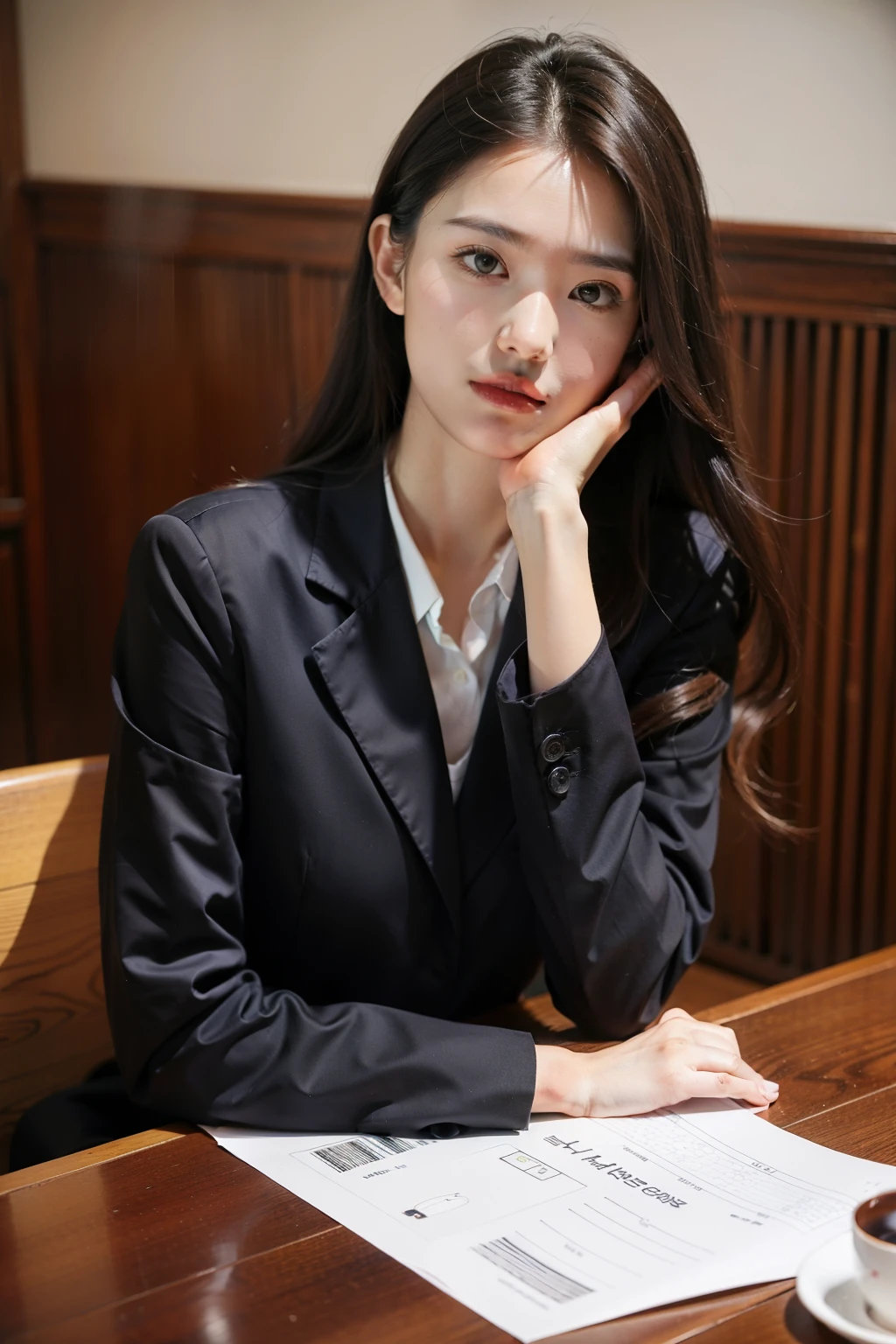 (((Best quality at best)), ((tmasterpiece)), (detailed), The background is a conference room，natural classic face，Record work，long sleeve work uniform