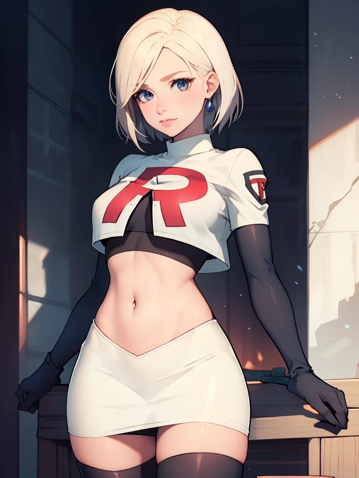 warMercedes, short hair ,glossy lips ,team rocket uniform, red letter R, white skirt,white crop top,black thigh-high boots, black elbow gloves, looking at viewer, cowboy shot