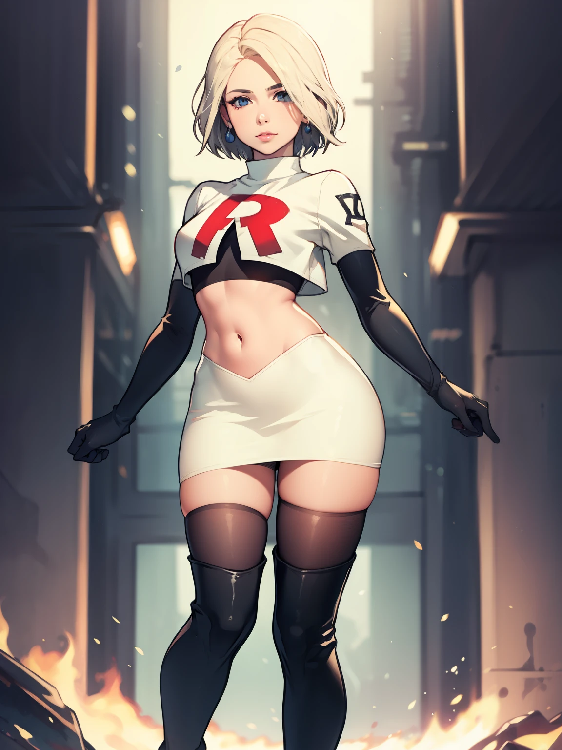 warMercedes, short hair ,glossy lips ,team rocket uniform, red letter R, white skirt,white crop top,black thigh-high boots, black elbow gloves, looking at viewer, cowboy shot