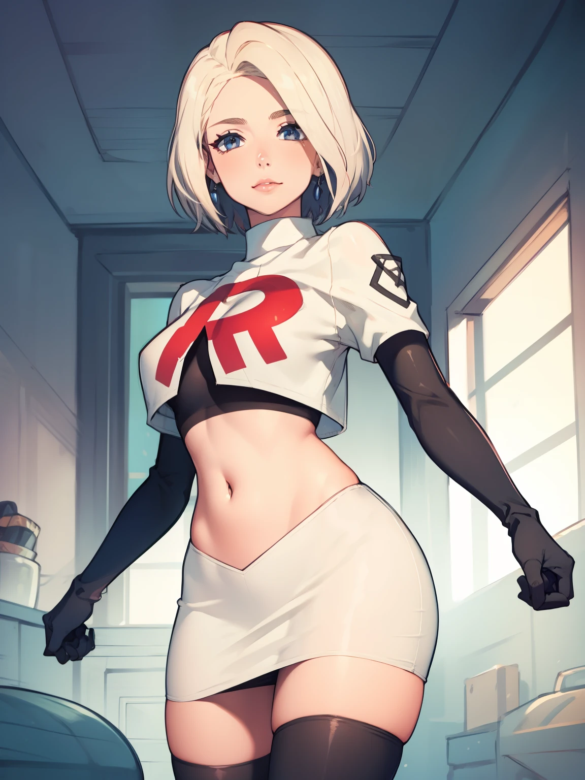 warMercedes, short hair ,glossy lips ,team rocket uniform, red letter R, white skirt,white crop top,black thigh-high boots, black elbow gloves, looking at viewer, cowboy shot