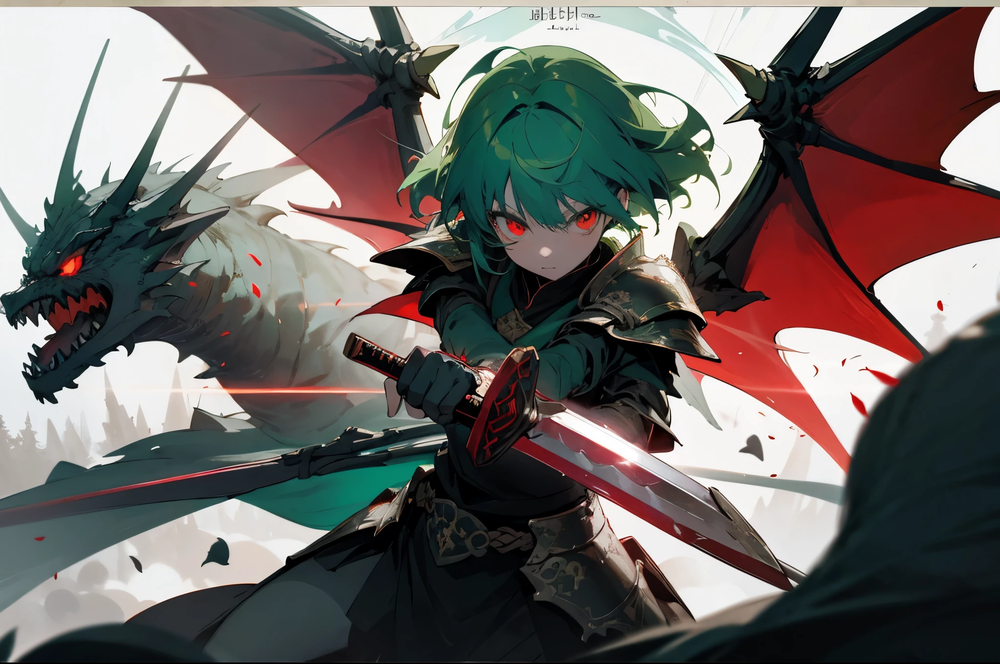 Fantastical,epic,Illustration in movie poster style,Green hair,A girl stands on armor,wielding a sword,With dynamic and magical backgroundeaturing prominent and well-designed typographic elements,The stands up,Self-confident,Steadfast,wielding a sword,epic标题,an enchanted forest,Glowing runic ancient writing,red color eyes,glowing light eyes,glowing light eyes,glowing light eyes,Dark Department,Black gold armor,incredulouat wings,Dragon's horn,Vampires
