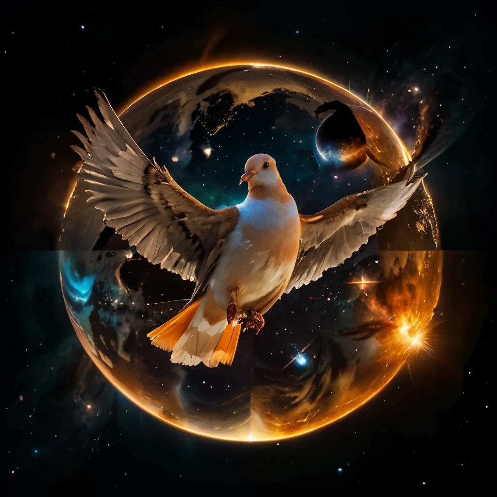 cosmic scene with a fiery dove soaring in the dark space. The dove has white feathers and a sharp beak, but its wings and tail are engulfed in orange flames. The background is filled with stars, planets, and nebulae of various colors and shapes. The dove is flying towards a bright sun in the center of the image.